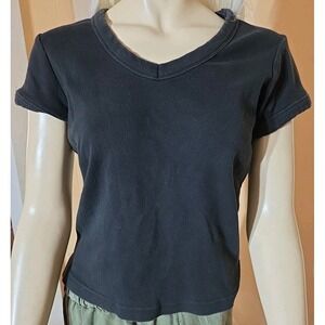VTG Mossimo T Shirt Women L Black  Baby Doll V Neck 90s Y2K